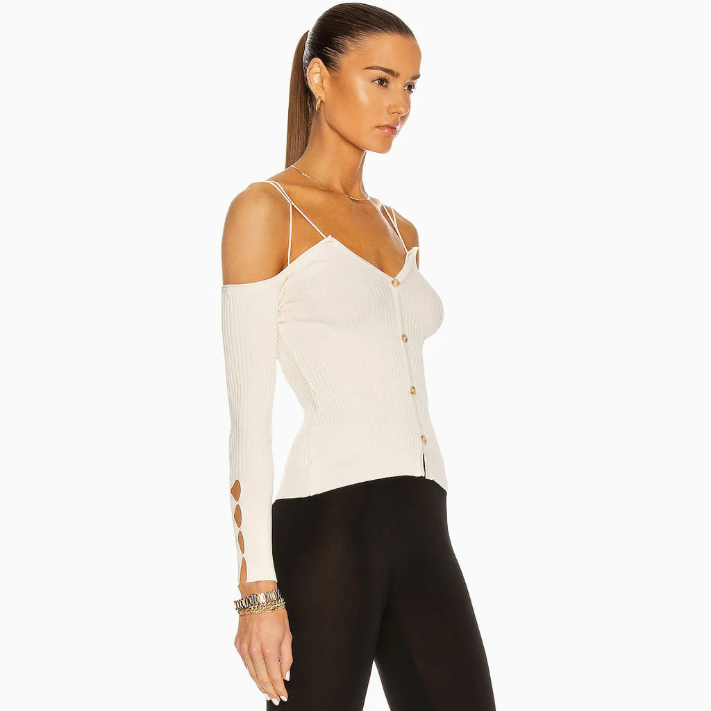Long Sleeve V Neck Off Shoulder Rib Knit Crop Top - White - Image 2