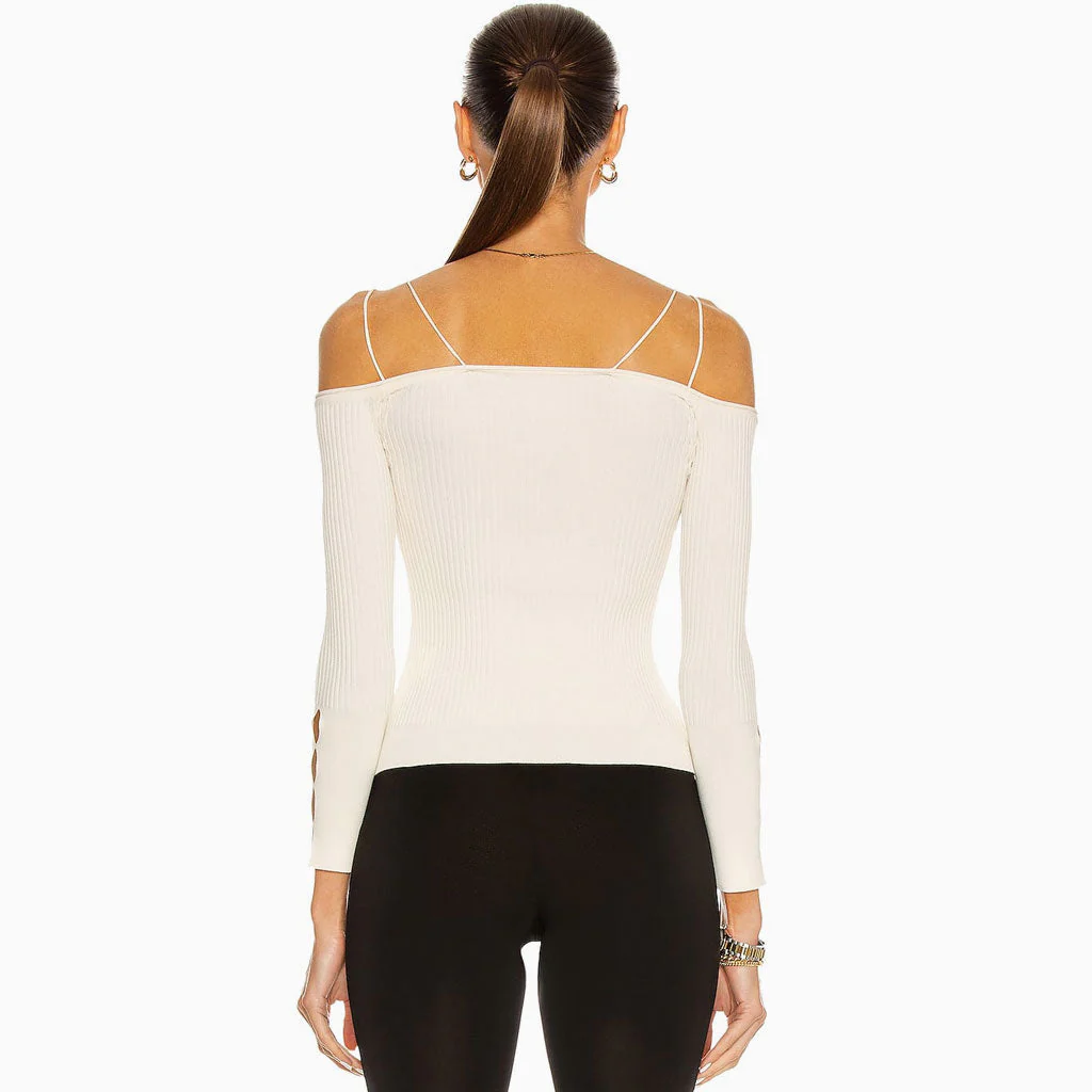 Long Sleeve V Neck Off Shoulder Rib Knit Crop Top - White - Image 3