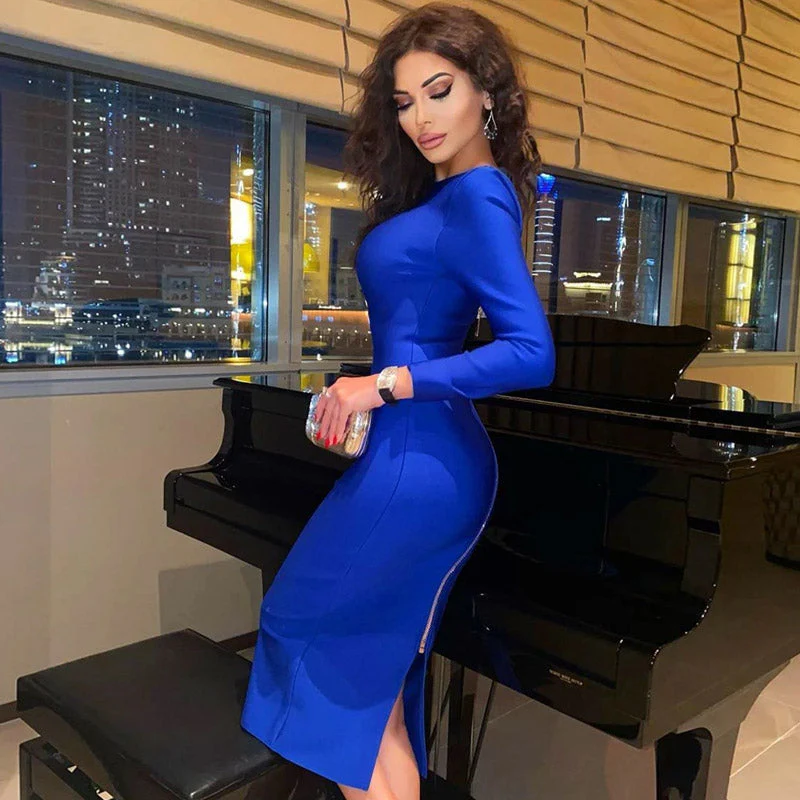 Long Sleeve Zip Back Slit Bodycon Bandage Midi Dress - Blue - Image 3