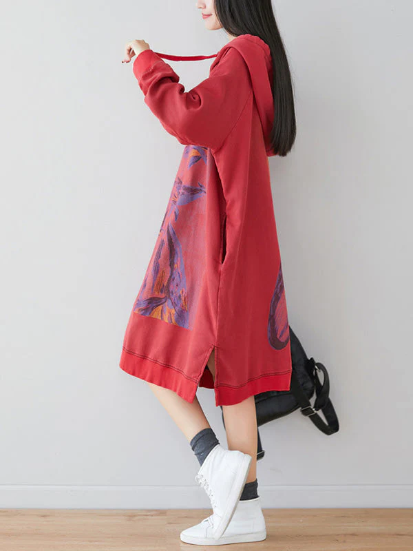Loose Ethnic Floral Hooded Sweatshirt Dress - Image 13