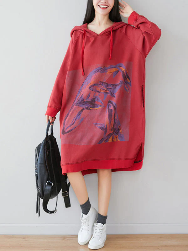 Loose Ethnic Floral Hooded Sweatshirt Dress - Image 14