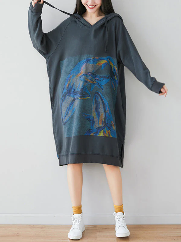 Loose Ethnic Floral Hooded Sweatshirt Dress - Image 3