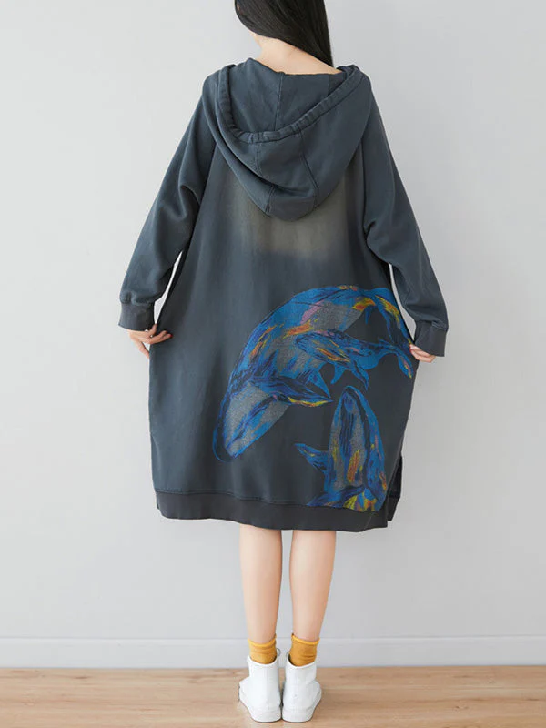 Loose Ethnic Floral Hooded Sweatshirt Dress - Image 4