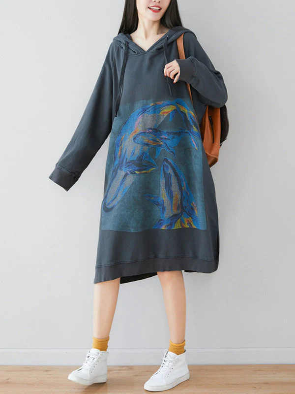 Loose Ethnic Floral Hooded Sweatshirt Dress - Image 5