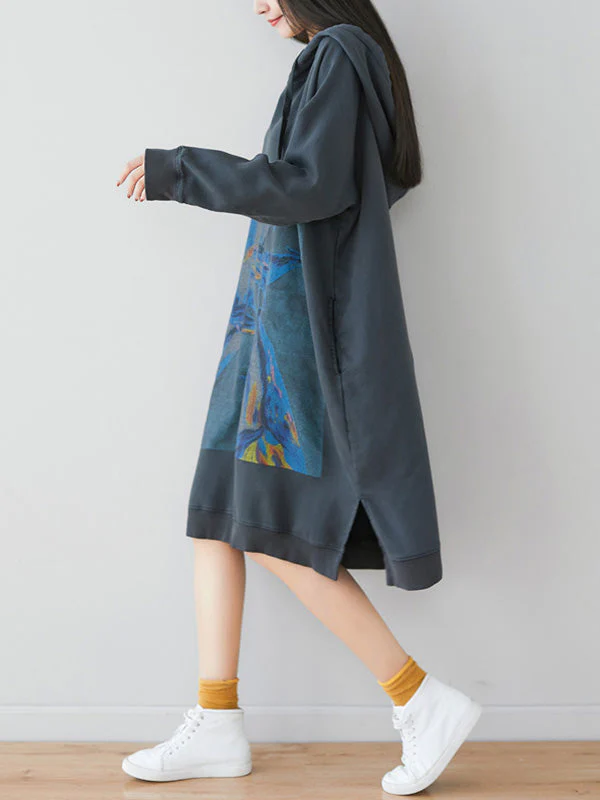 Loose Ethnic Floral Hooded Sweatshirt Dress - Image 6