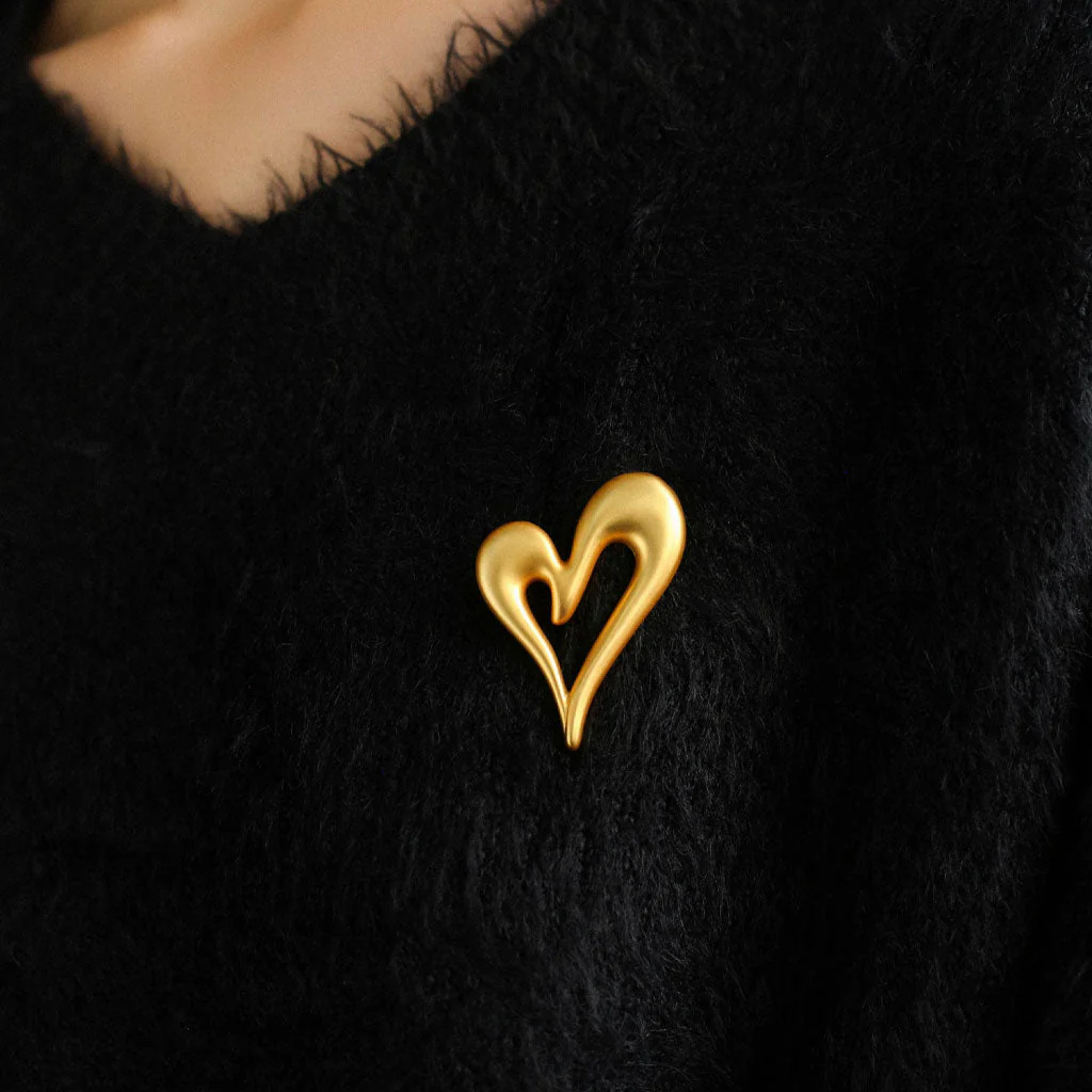 LOVE IS AROUND 18K Gold Plated Matted Puffed Open Heart Brooch - Image 2