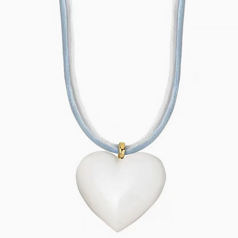 LOVE IS AROUND Two Tone Enameled Puffed Heart Pendant Wrapped Cord NeckLace - Image 2