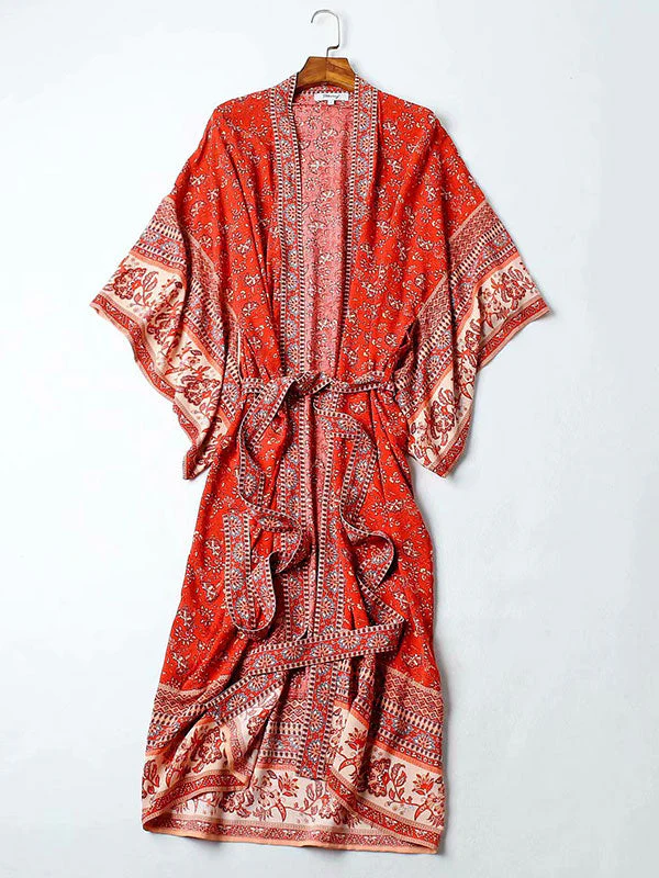 Bride To Be Floral Print Red Cotton Viscose Long Length Gown Kimono - Image 6