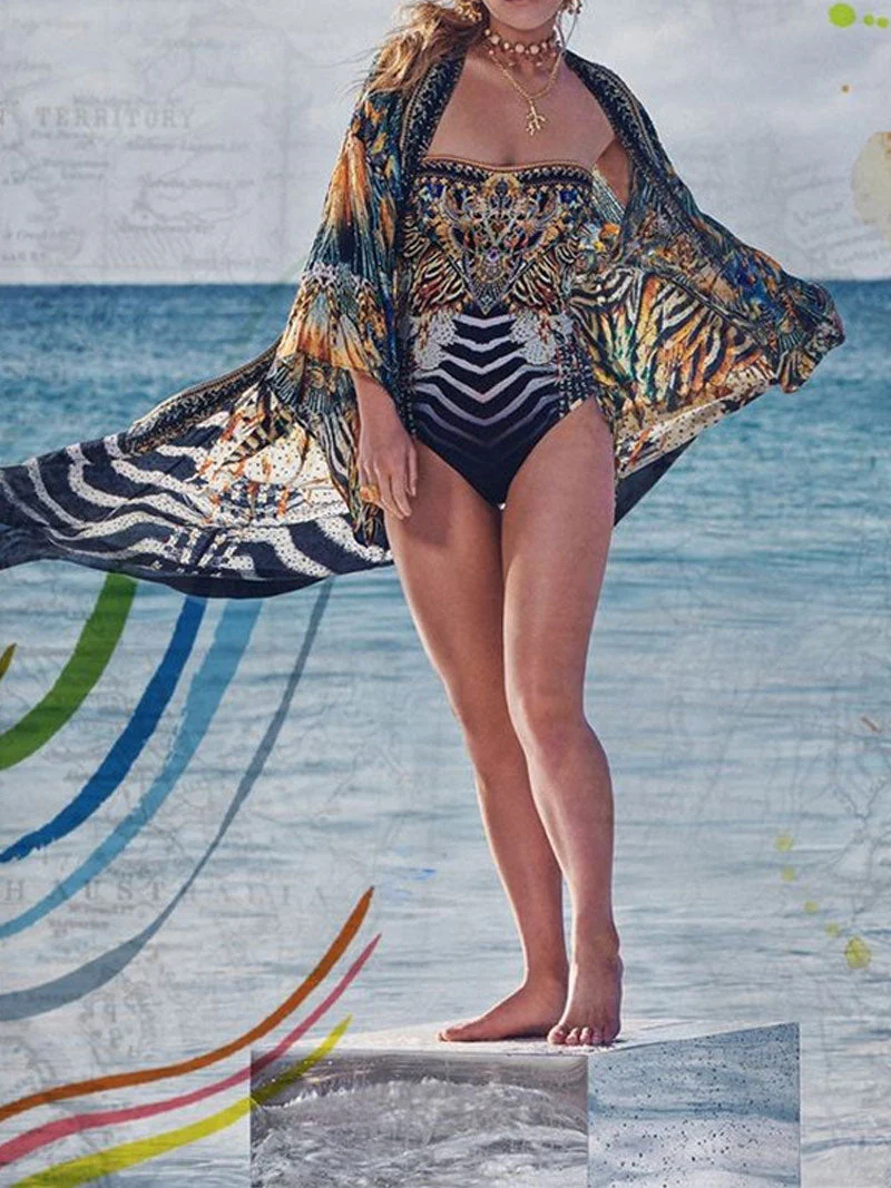 Printed Black Color Polyester Long Length Gown Kimono Duster Robe - Image 3