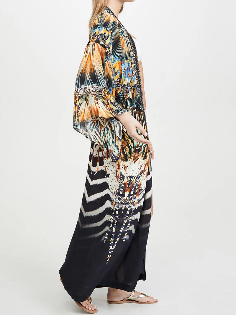 Printed Black Color Polyester Long Length Gown Kimono Duster Robe - Image 5