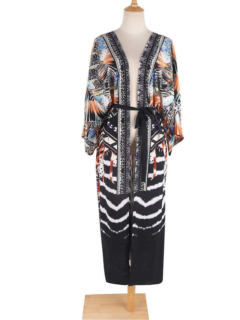 Printed Black Color Polyester Long Length Gown Kimono Duster Robe - Image 6
