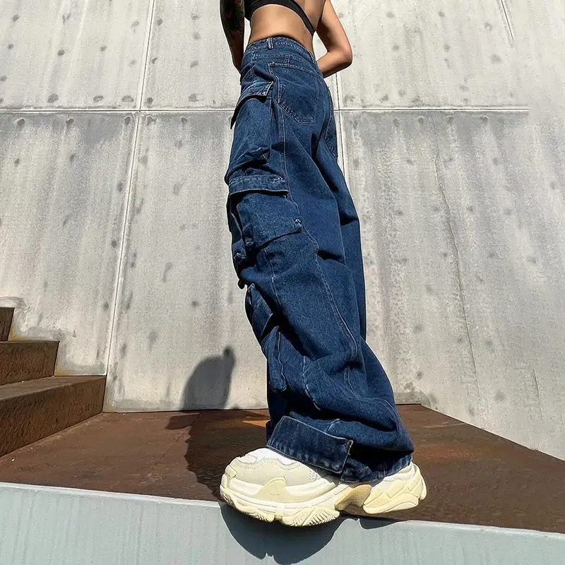 BLUE Low WaistED CARGO JEANS with Pockets - Image 3