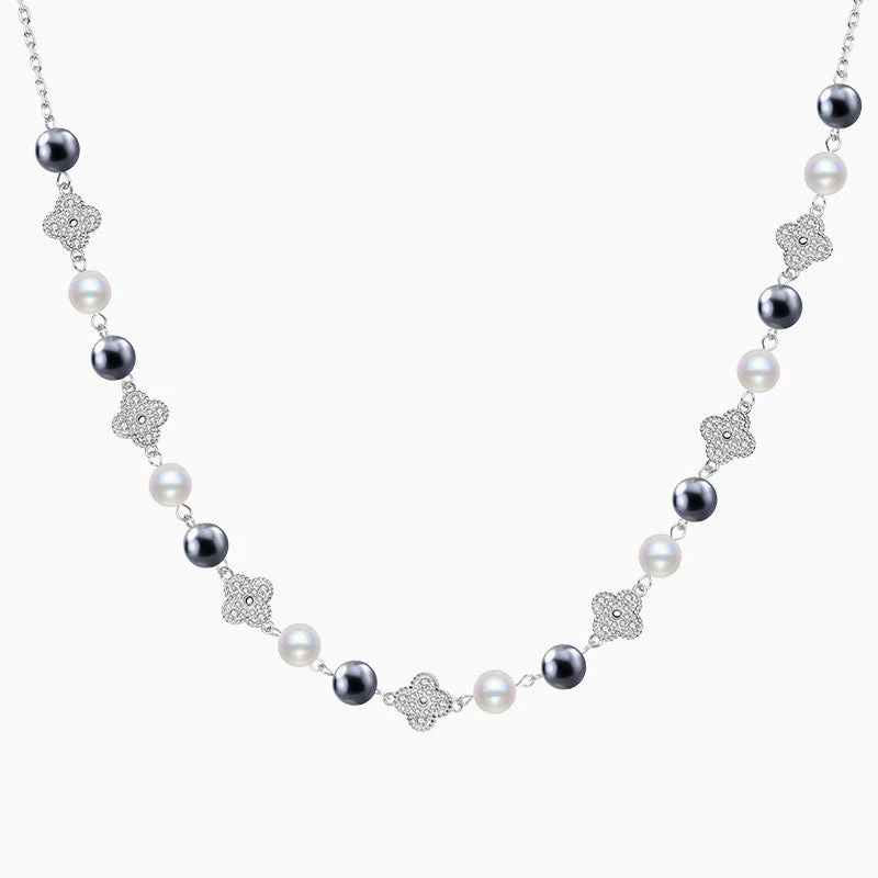 Lucky Cubic Zirconia Clover Crystal Pearl Cable Chain Bolo Slider NeckLace - Image 2