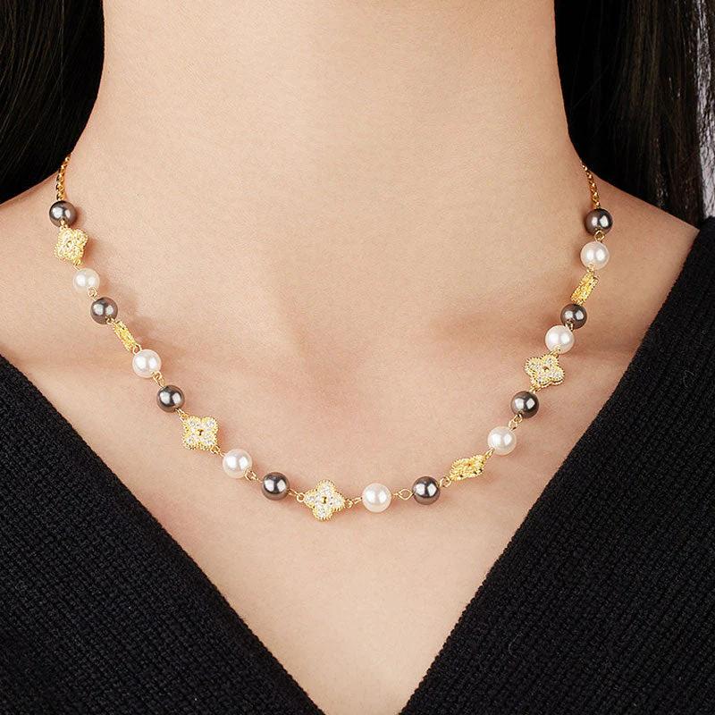 Lucky Cubic Zirconia Clover Crystal Pearl Cable Chain Bolo Slider NeckLace - Image 4