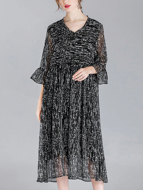 Luisa Vintage Contrasting V-neck Floral Print High Waist Midi Dress with Bell Sleeves - Image 2