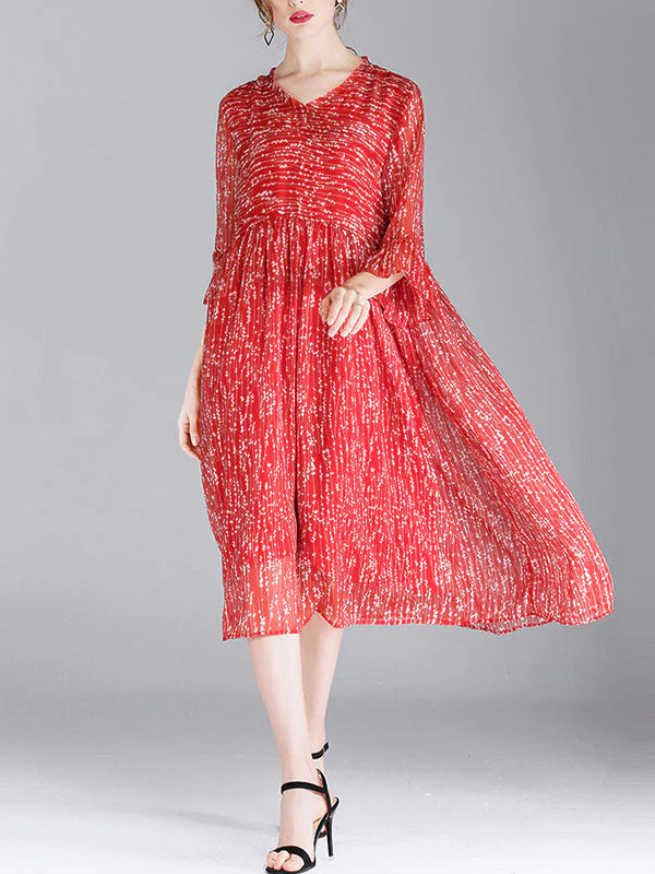 Luisa Vintage Contrasting V-neck Floral Print High Waist Midi Dress with Bell Sleeves - Image 4