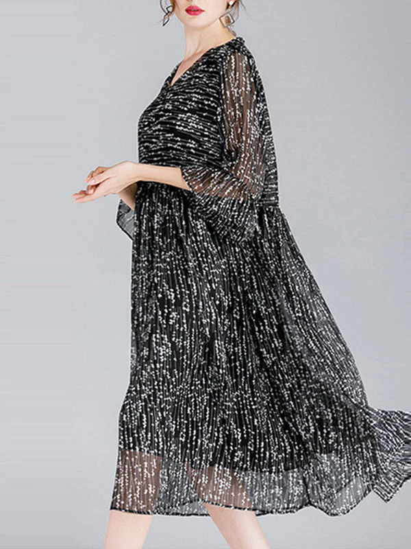 Luisa Vintage Contrasting V-neck Floral Print High Waist Midi Dress with Bell Sleeves - Image 6
