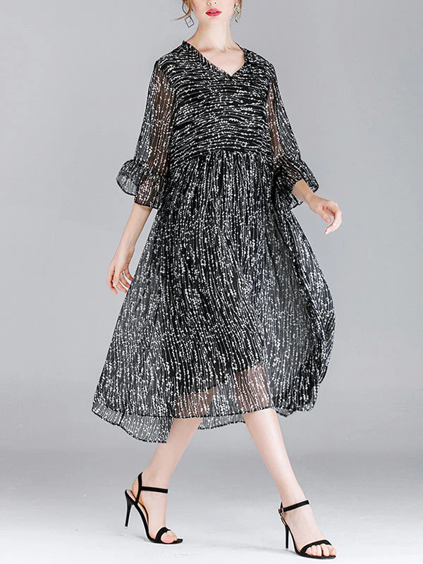Luisa Vintage Contrasting V-neck Floral Print High Waist Midi Dress with Bell Sleeves - Image 8