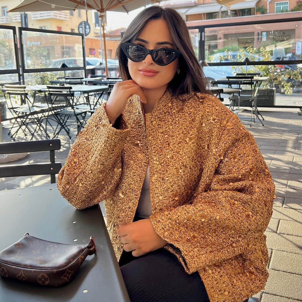 Luminous Lurex Sequin Embellished High Neck Cargo Pocket Oversized Jacket - Image 2