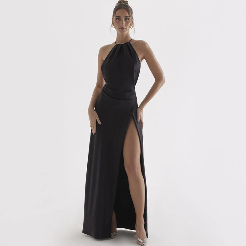 Lustrous Satin Halter Neck High Slit Self Tie Backless Maxi Dress - Black - Image 3