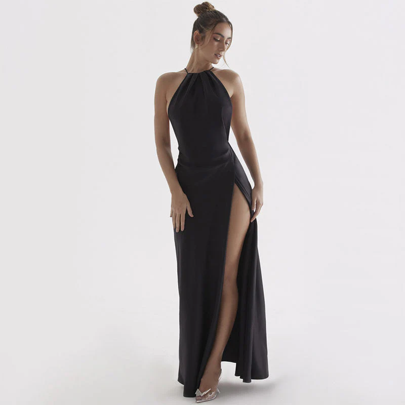 Lustrous Satin Halter Neck High Slit Self Tie Backless Maxi Dress - Black - Image 4