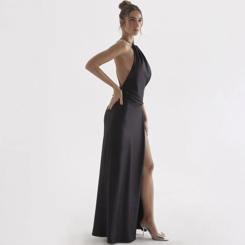 Lustrous Satin Halter Neck High Slit Self Tie Backless Maxi Dress - Black - Image 5