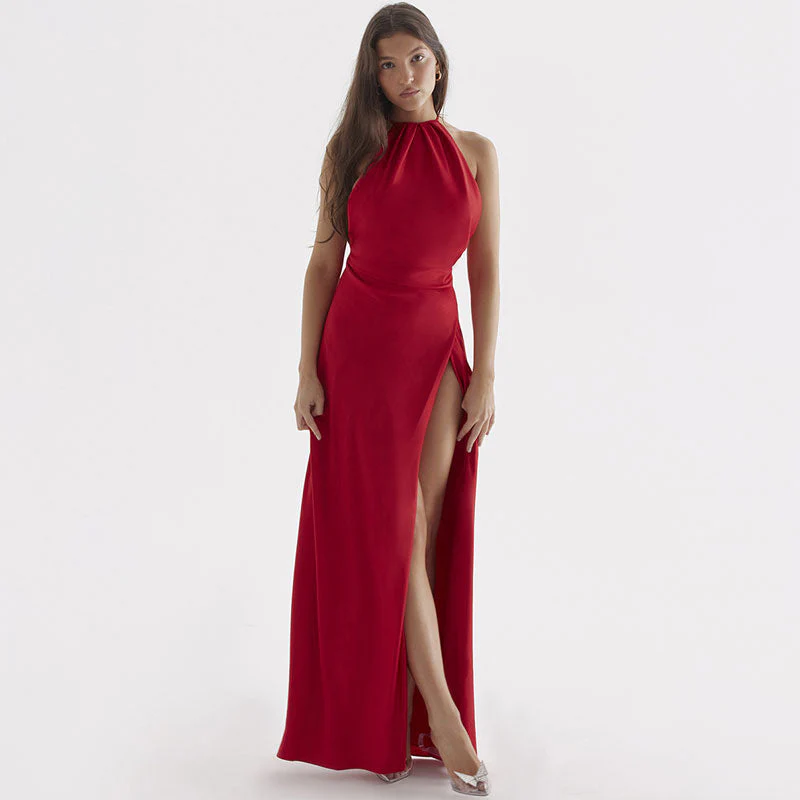 Lustrous Satin Halter Neck High Slit Self Tie Backless Maxi Dress - Red - Image 2