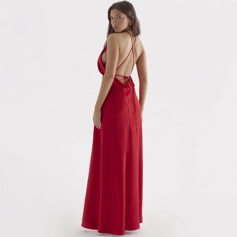 Lustrous Satin Halter Neck High Slit Self Tie Backless Maxi Dress - Red - Image 5