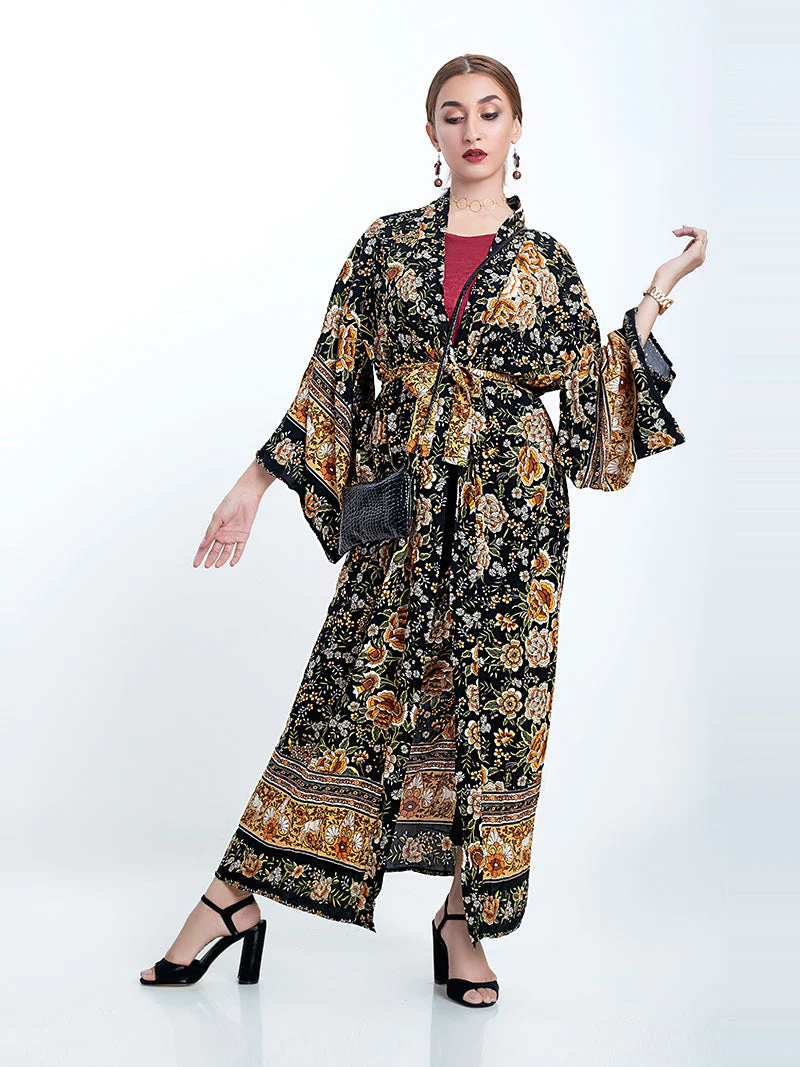 Partywear Floral Print Black Color Cotton Long Length Gown Kimono Duster Robe - Image 3