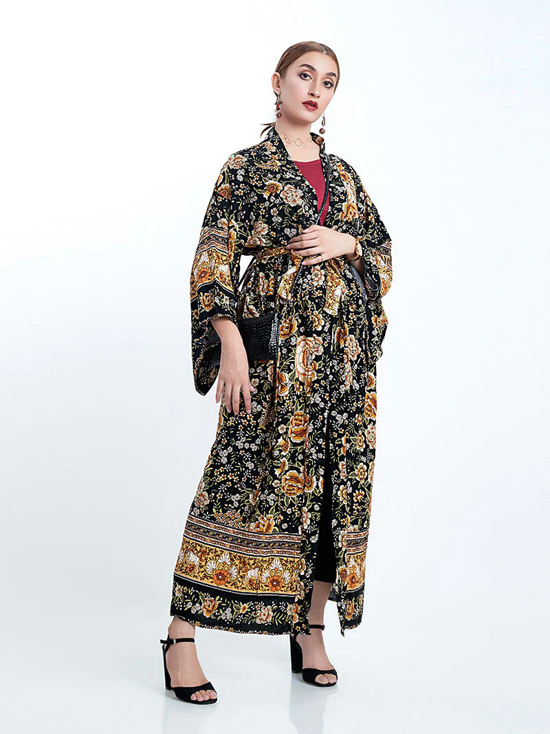 Partywear Floral Print Black Color Cotton Long Length Gown Kimono Duster Robe - Image 5