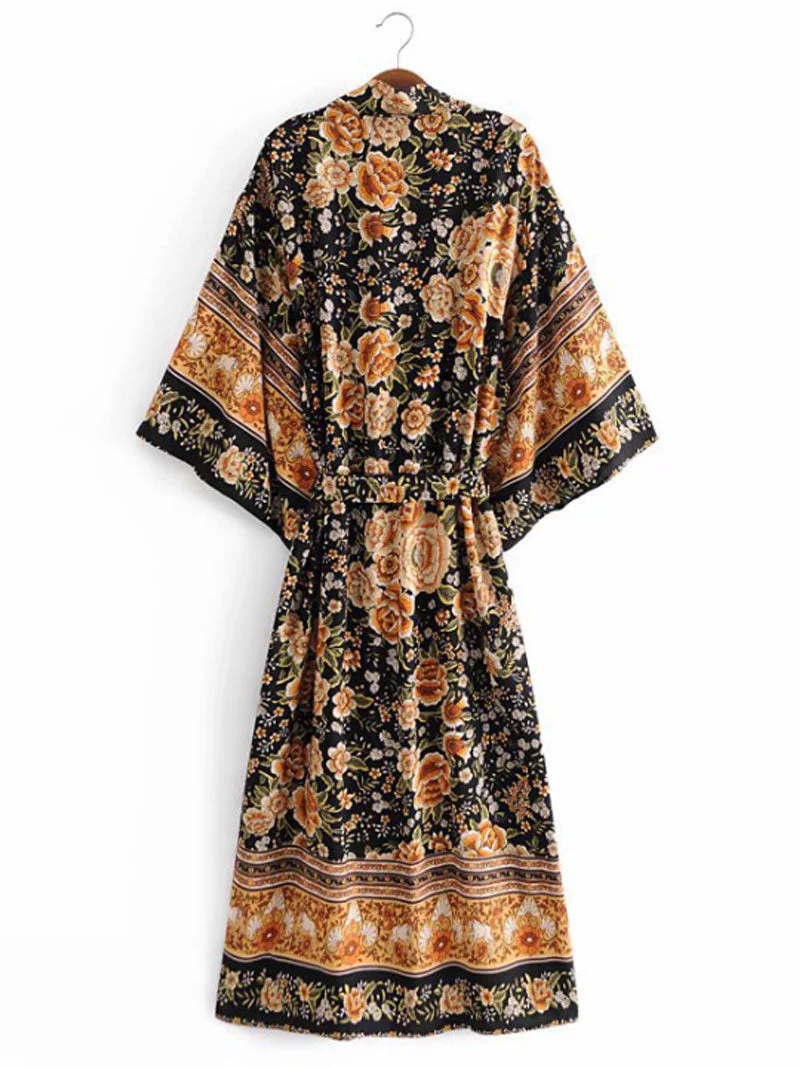 Partywear Floral Print Black Color Cotton Long Length Gown Kimono Duster Robe - Image 7