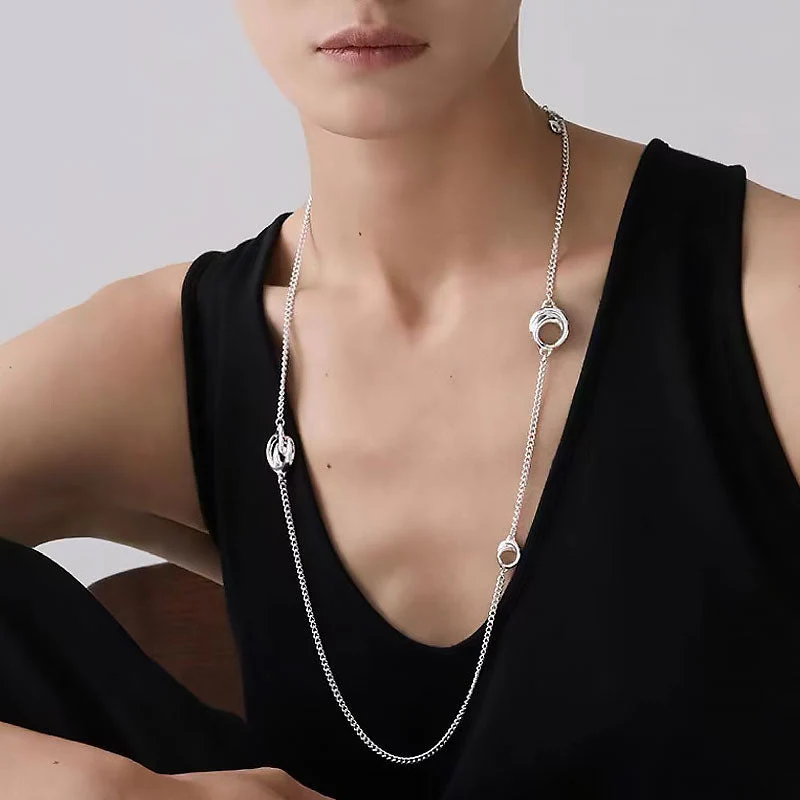 Luxe Sterling Silver Plated Curb Chain Spaced Open Hoop Opera NeckLace - Image 2