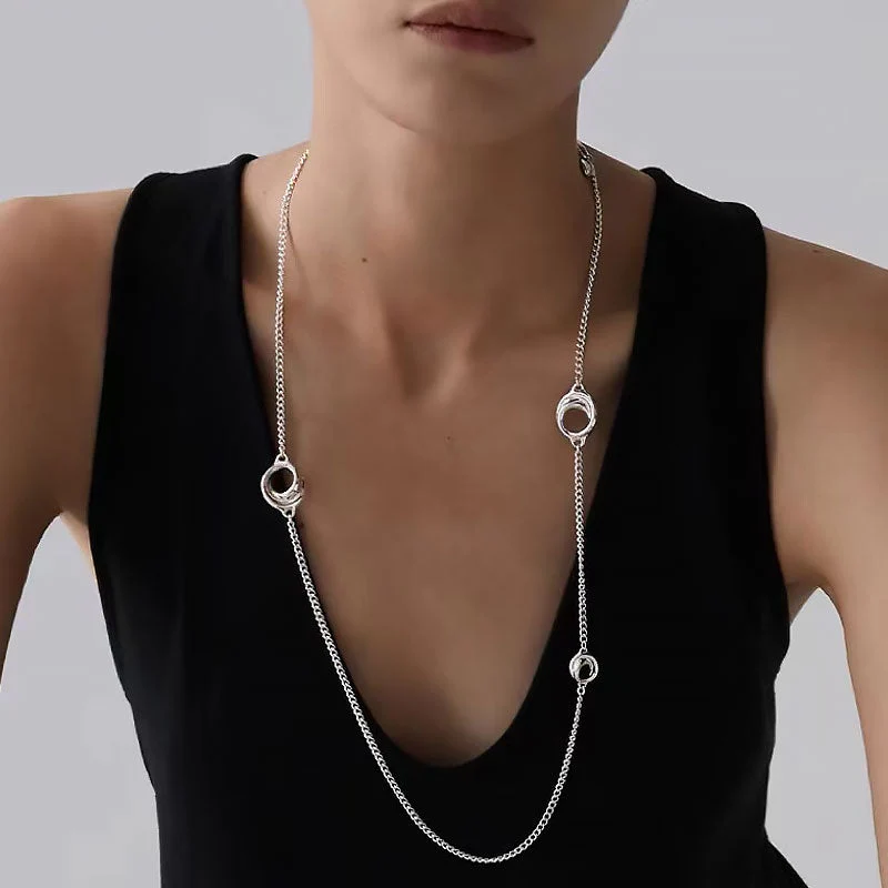 Luxe Sterling Silver Plated Curb Chain Spaced Open Hoop Opera NeckLace - Image 3