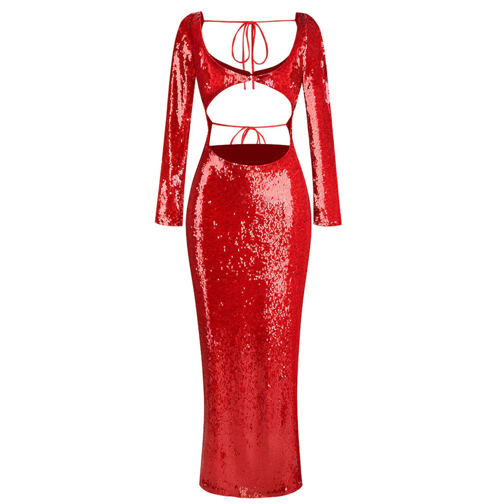 Luxurious Buttoned Bra Top CutOut Sequin Zipped Sleeve Split Maxi Evening Dress - Image 4