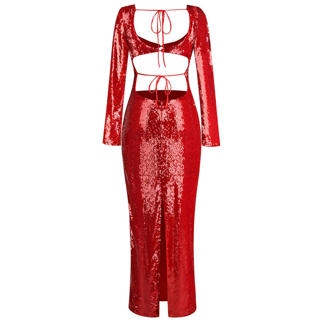 Luxurious Buttoned Bra Top CutOut Sequin Zipped Sleeve Split Maxi Evening Dress - Image 5