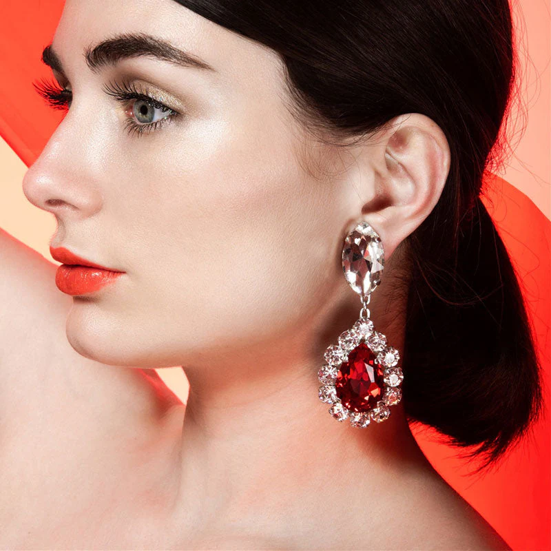 Luxurious Gem Pear Cut Pendant Silver Plated Dangle Earrings - Red - Image 2