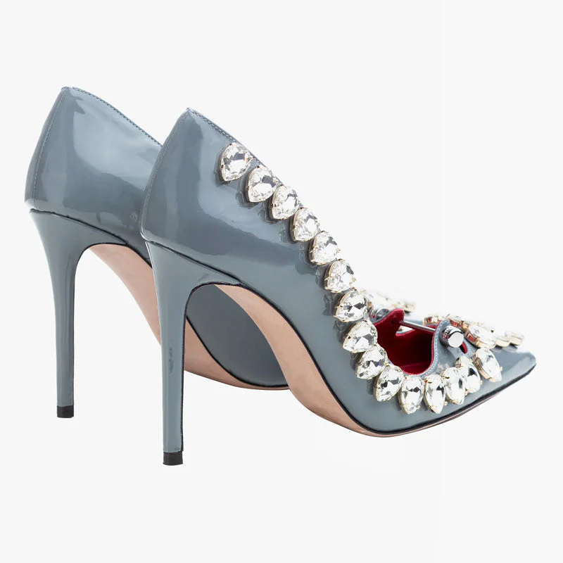 Luxurious Gem Silver Hardware Patent Leather Pointed Toe Stiletto Pumps - Dusty Blue - Image 5