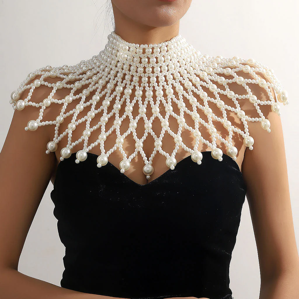 Luxurious Hollow Out Woven Imitation Baroque Pearl Choker Body Chain - Image 2