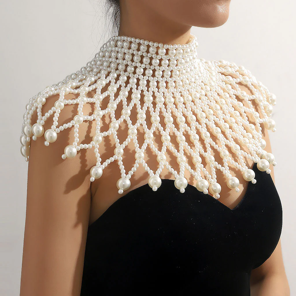 Luxurious Hollow Out Woven Imitation Baroque Pearl Choker Body Chain - Image 3