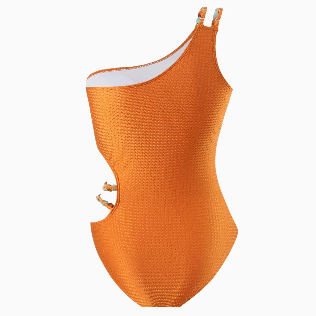 Luxurious Metallic Textured Beaded Cut Out One Shoulder One  Piece Swimsuit - Image 2