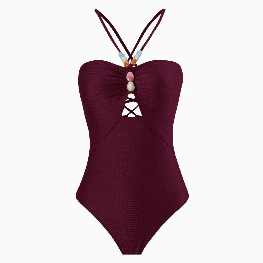 Luxurious Metallic Textured Cut Out Lace Up Back Beaded V Neck One Piece Swimsuit - Image 4