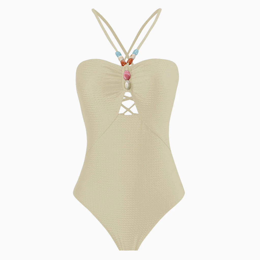Luxurious Metallic Textured Cut Out Lace Up Back Beaded V Neck One Piece Swimsuit - Image 5