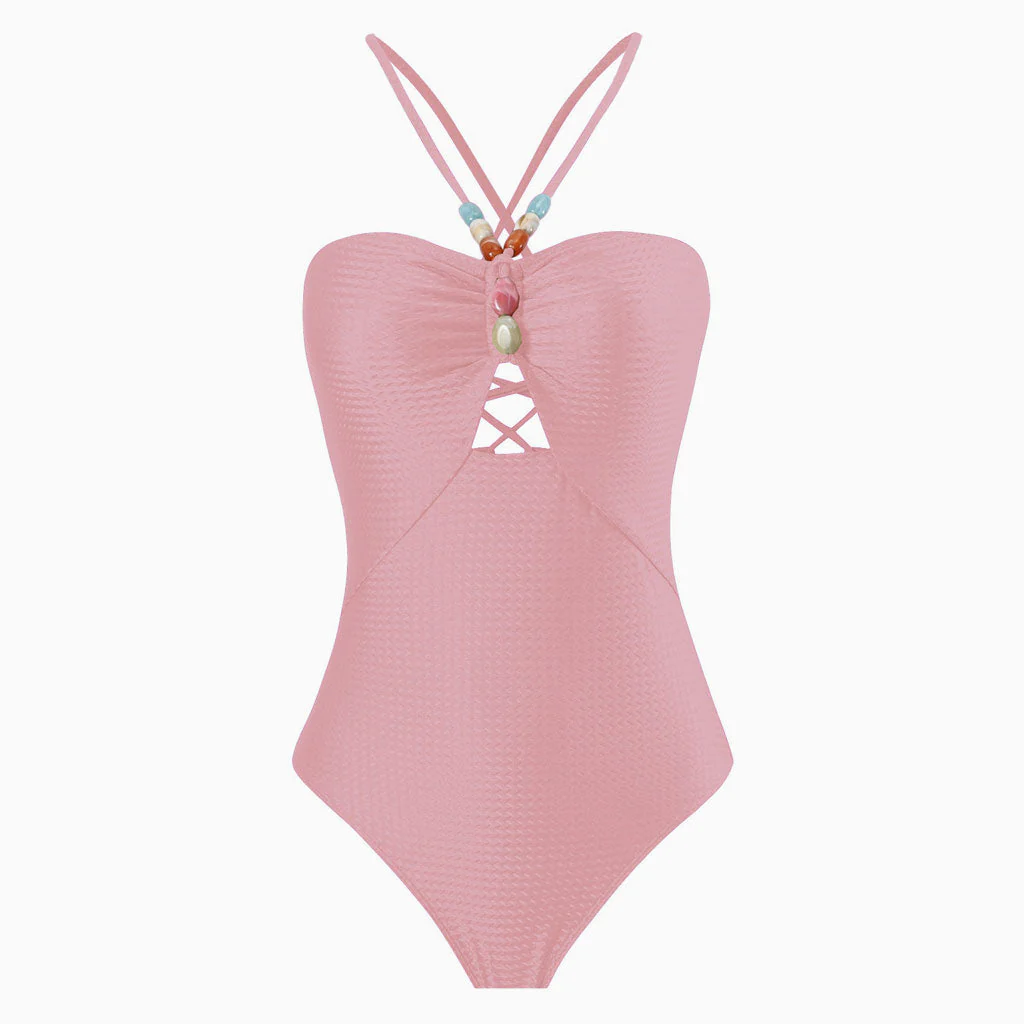Luxurious Metallic Textured Cut Out Lace Up Back Beaded V Neck One Piece Swimsuit - Image 7