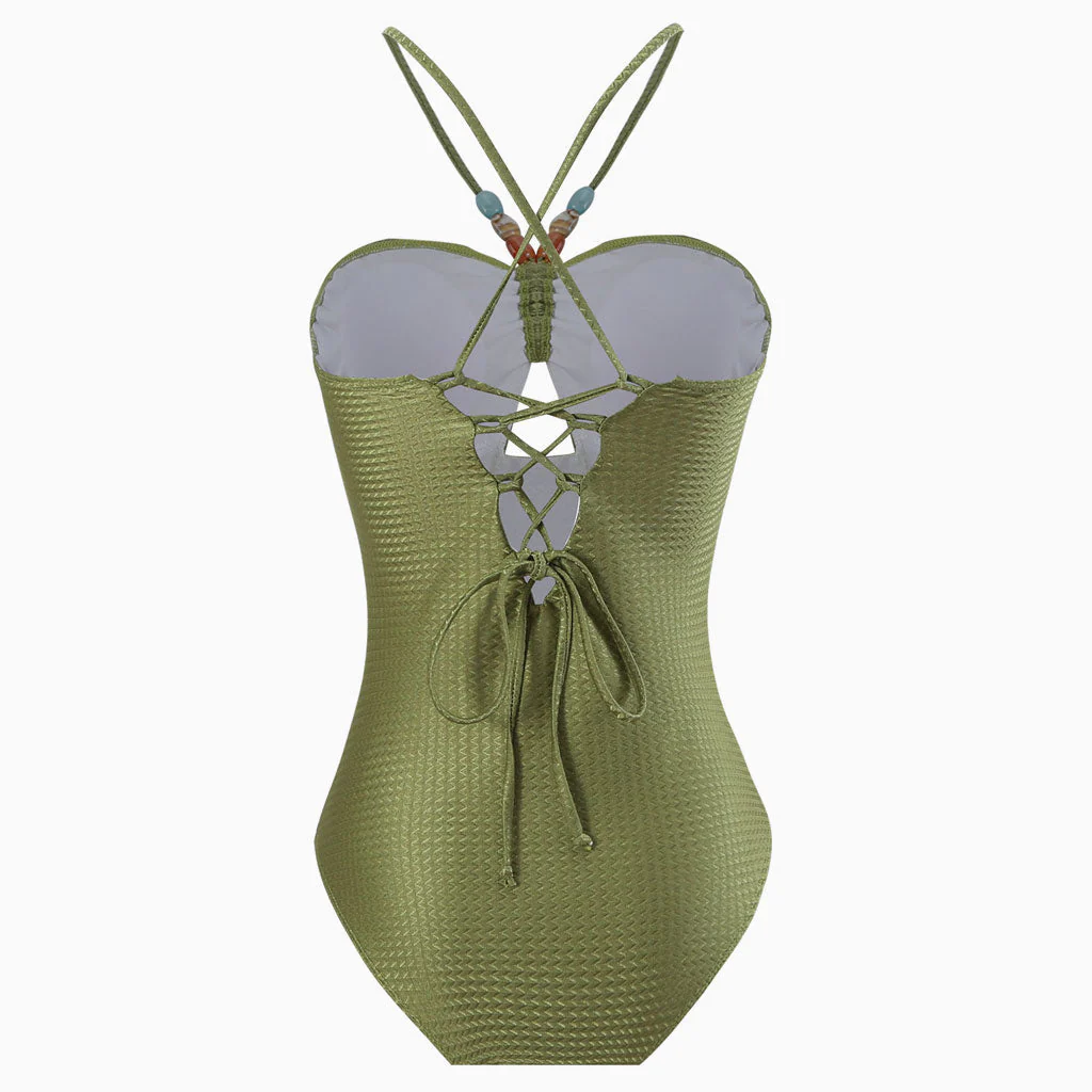 Luxurious Metallic Textured Cut Out Lace Up Back Beaded V Neck One Piece Swimsuit - Image 9