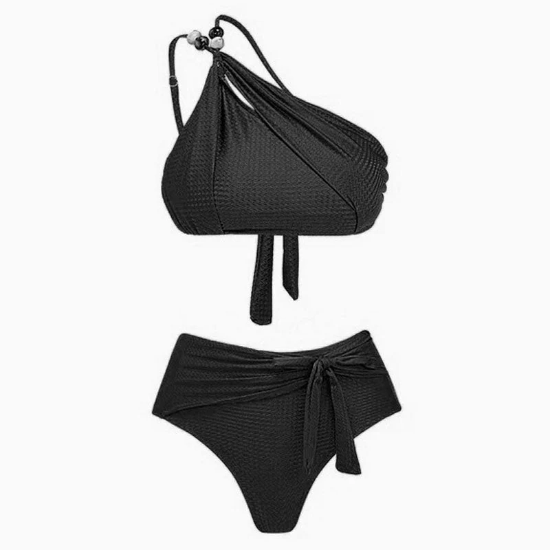 Luxurious Metallic Textured Ruched Bow Tie Beaded One Shoulder Bikini Set - Image 2