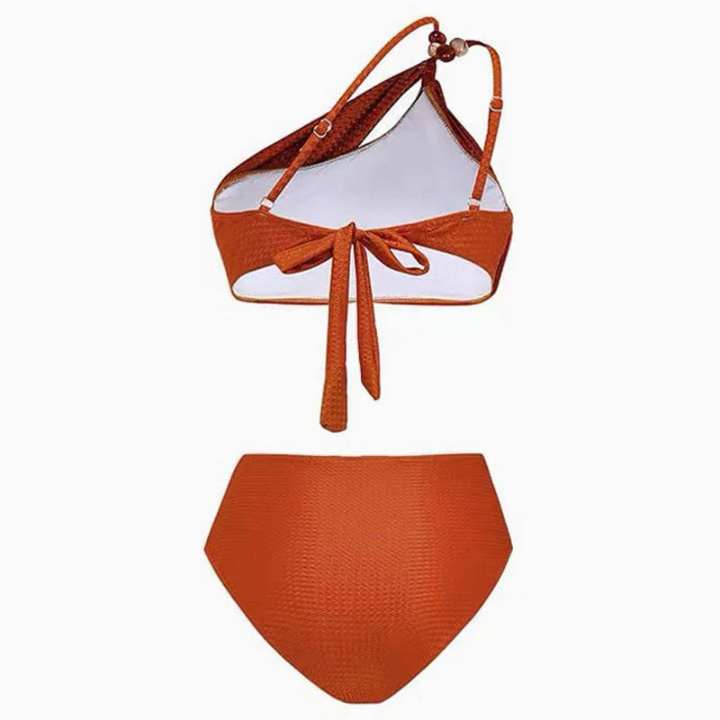 Luxurious Metallic Textured Ruched Bow Tie Beaded One Shoulder Bikini Set - Image 3