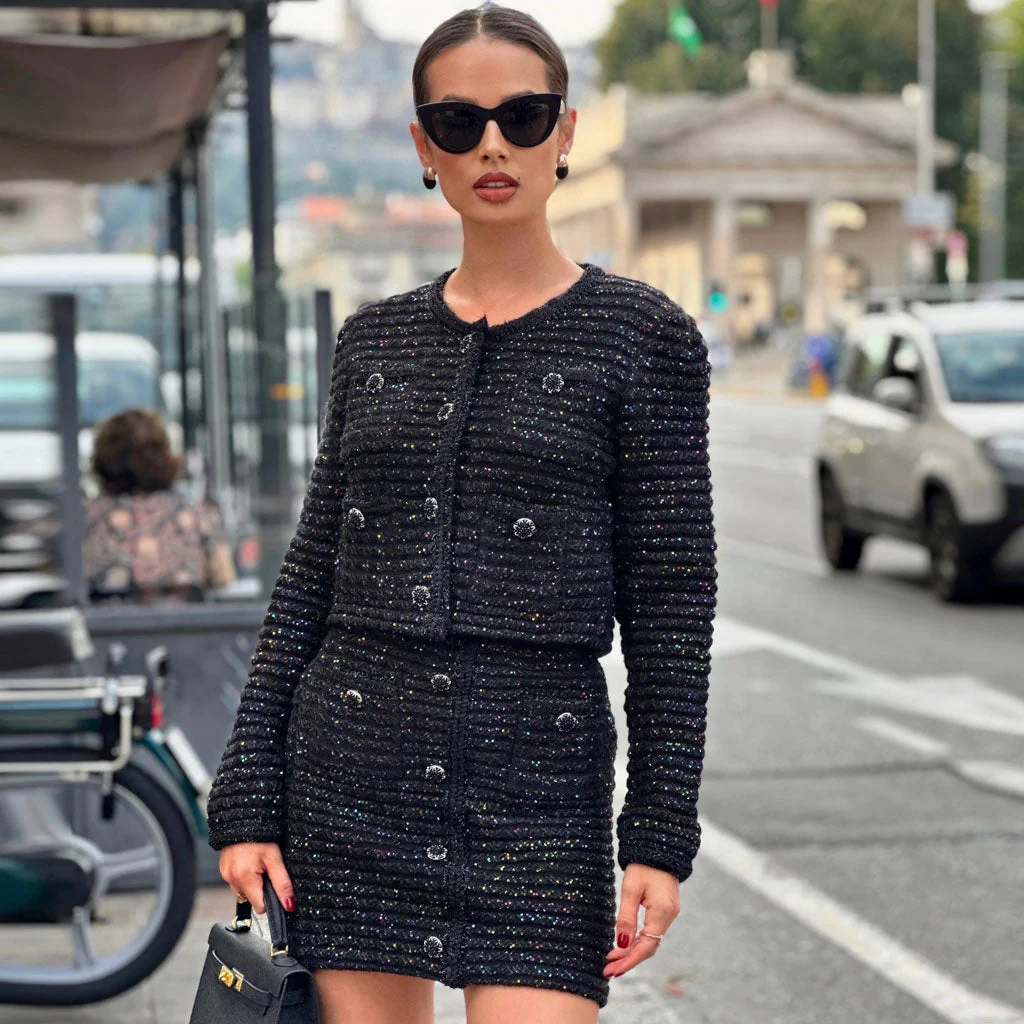 Luxurious Rainbow Sequin Crystal Button Long Sleeve Tweed Knit Crop Cardigan - Image 2