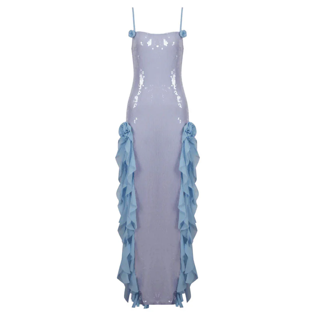 Luxurious Rosette Corsage Ruffle Thigh Split Mermaid Effect Sheer Sequined Dress - Image 6