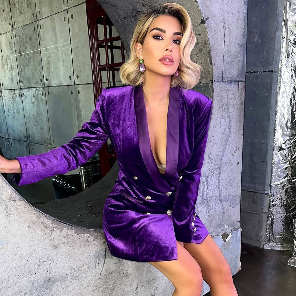 Luxurious Shawl Lapel Double Breasted Velvet Blazer Mini Dress - Purple - Image 3