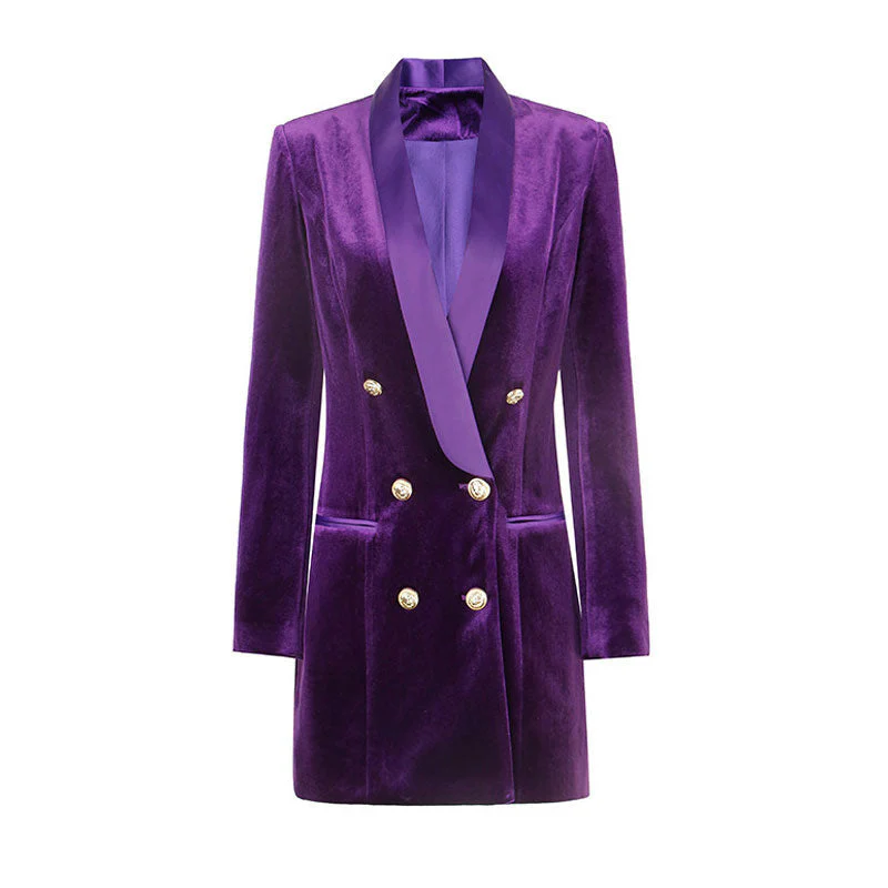 Luxurious Shawl Lapel Double Breasted Velvet Blazer Mini Dress - Purple - Image 4